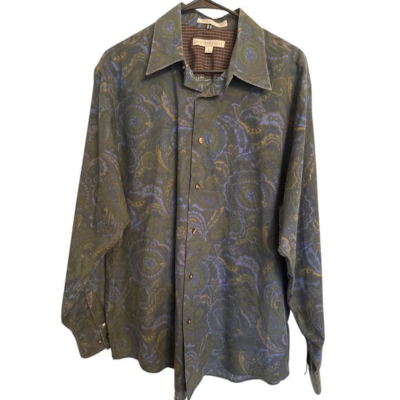 Geoffrey Beene Mens Button-Up Shirt Large 16/16.5" Green Paisley Long Sleeve - Picture 1 of 5